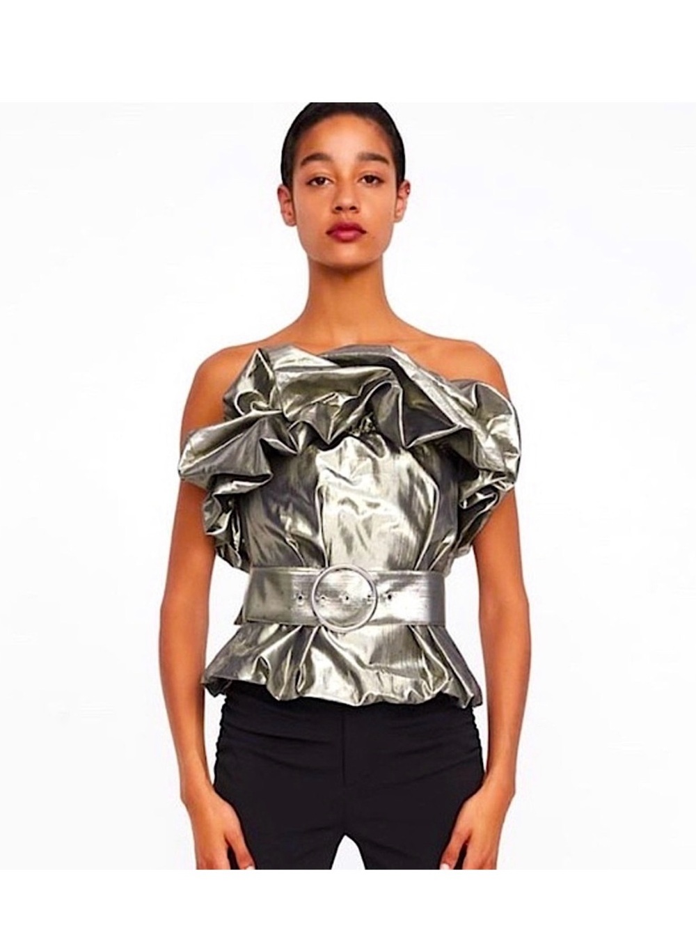 Zara Metallic Silver Off-the-Shoulder Ruffle Belted Top